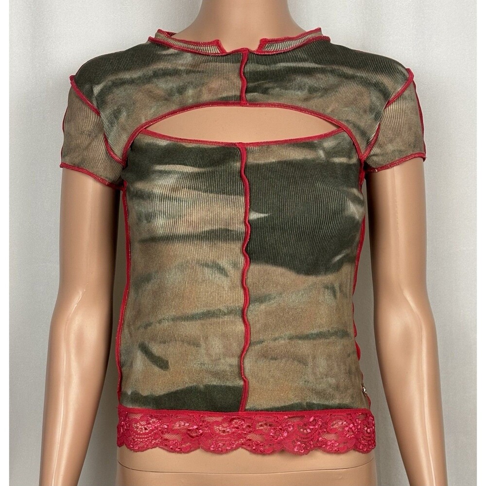DIESEL T-TINE Camo Keyhole Cutout Top Size M Y2K Mesh Lace Trim Red Stitching